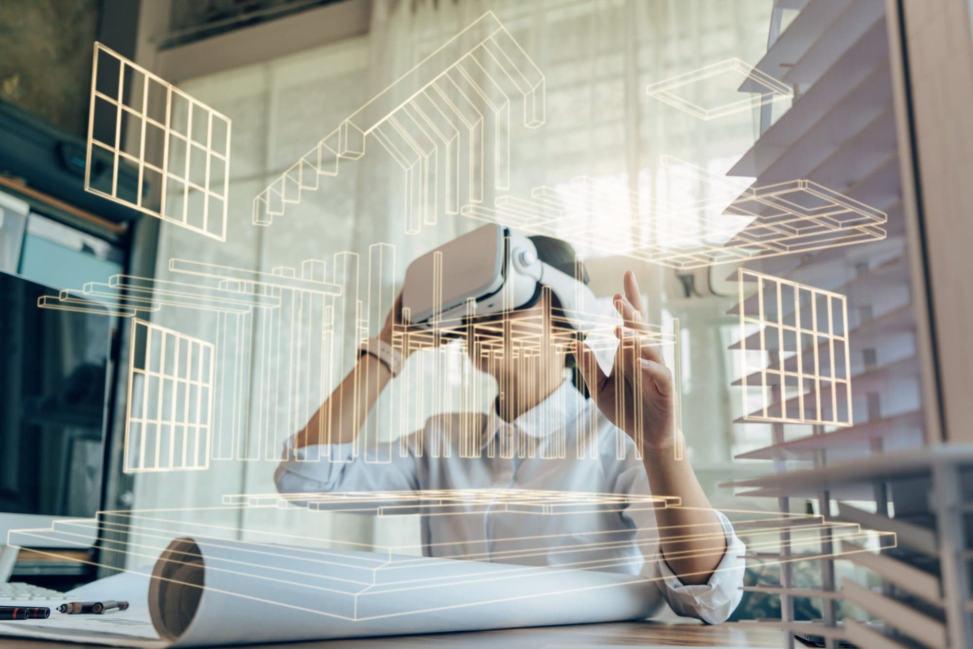 Architect with a VR headset and a digital building model, BIM planning by an architecture practice in Wiesbaden