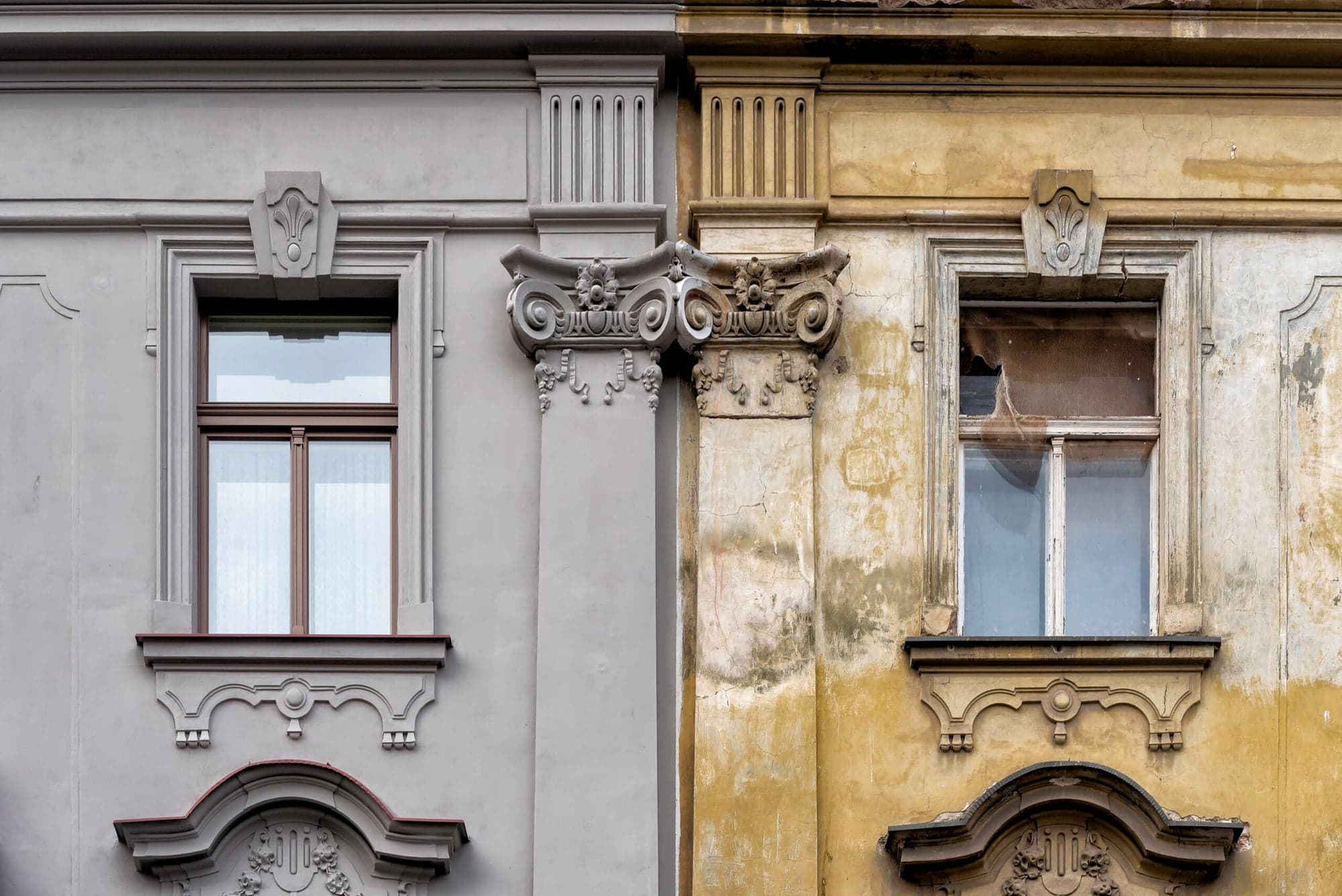 Historic façade of an old building with stucco elements and a column capital, building in existing structures in Wiesbaden